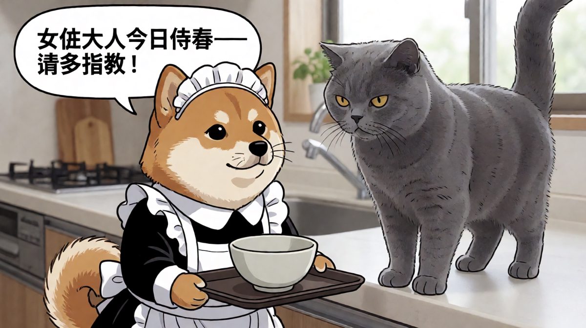 萨摩耶穿女仆装端碗，英短蓝猫一脸嫌弃
