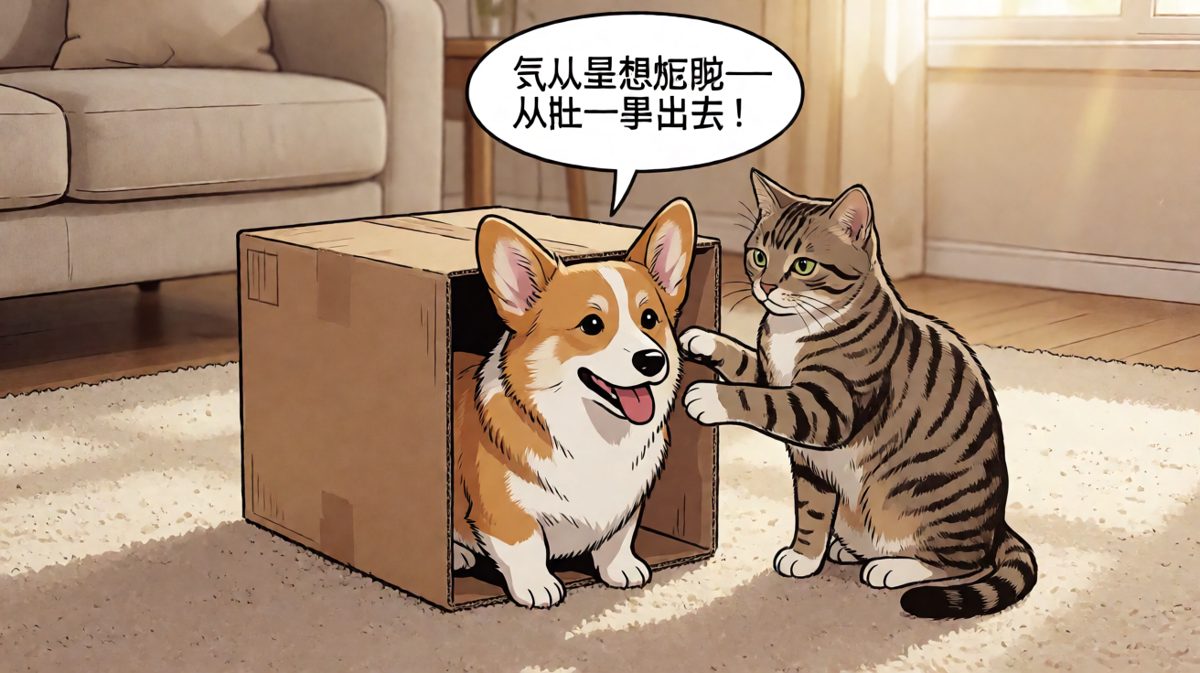 柯基卡纸箱减肥，虎斑猫在旁边劝架