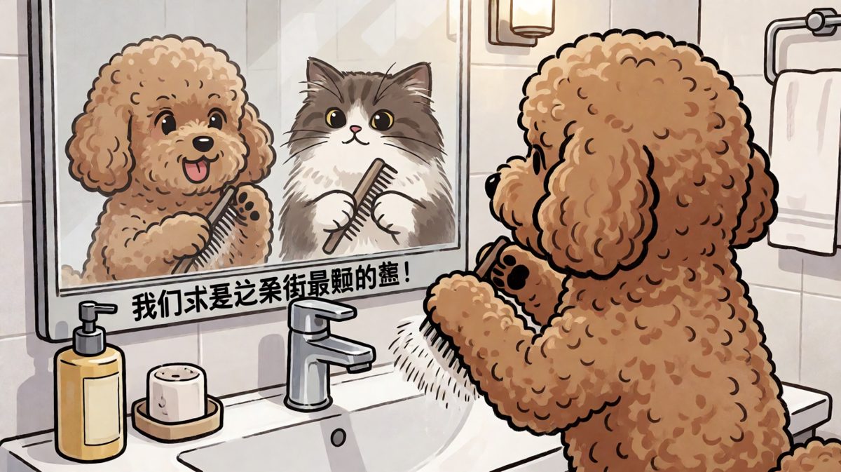贵宾犬与贵宾猫隔镜比美，争当街最靓