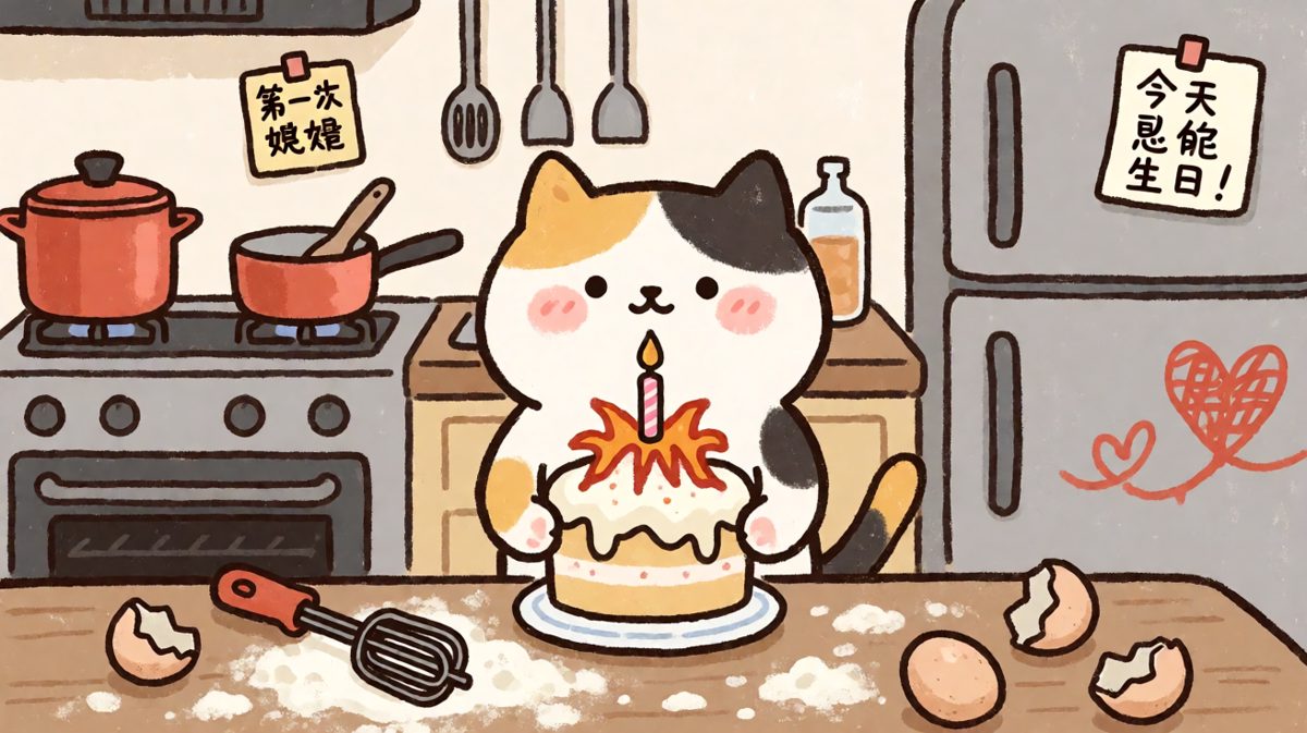 无脸猫第一次烘焙，蛋糕塌成山但仍很骄傲！