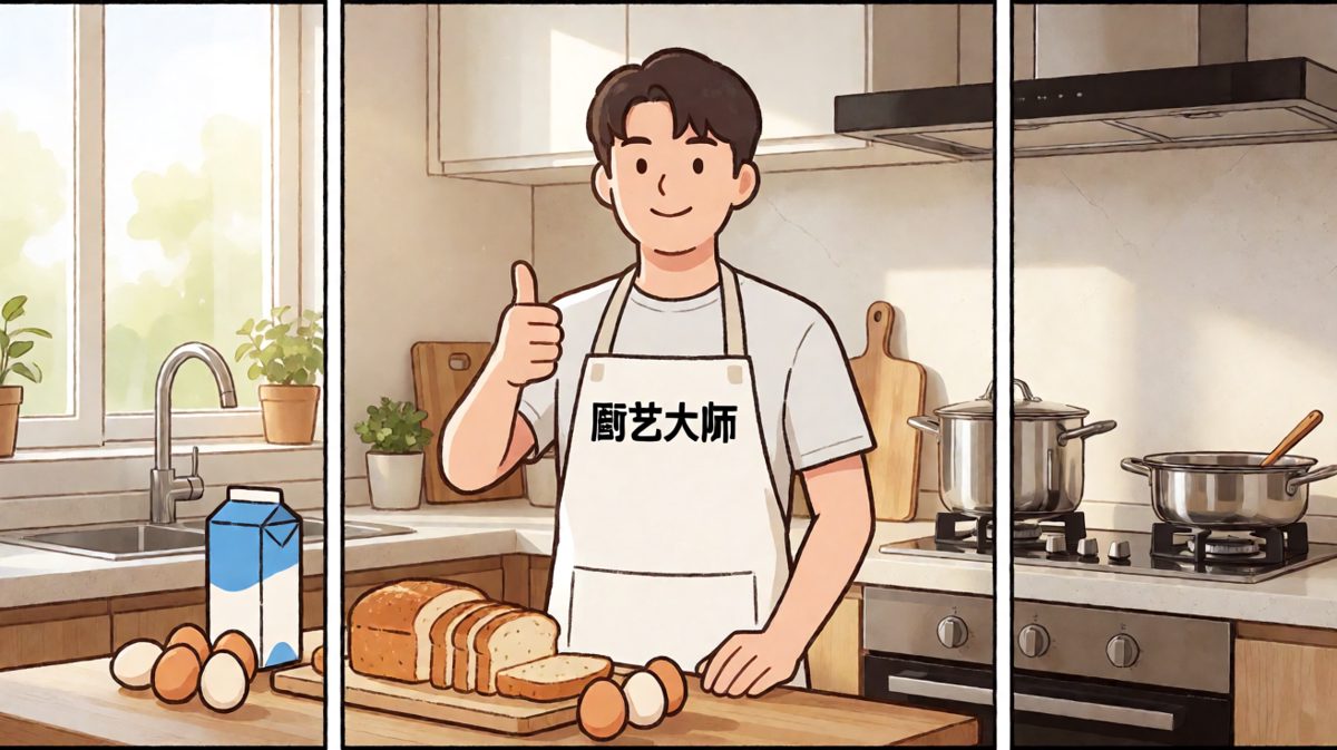 主人公雄心勃勃，准备大显身手做一顿完美早餐。