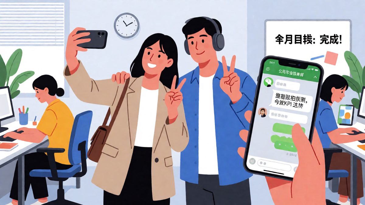 老板：来，小陈，我们一起拍张照，年底评优用！员工：老板，我只是来打卡的……