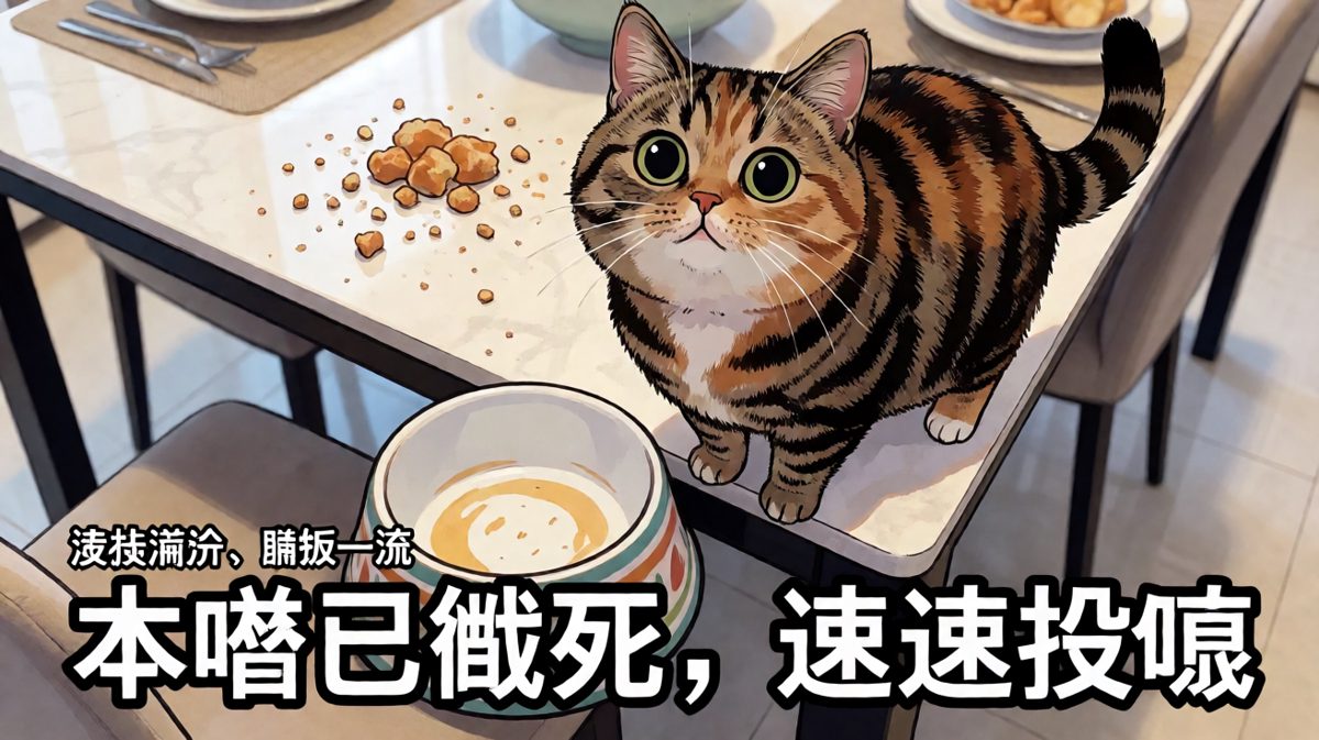 演技派猫咪上线，饿了的终极解决方案。