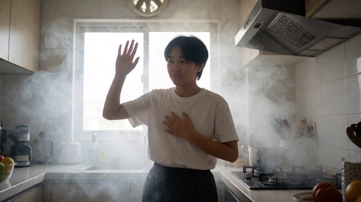 被浓烟呛到的狼狈