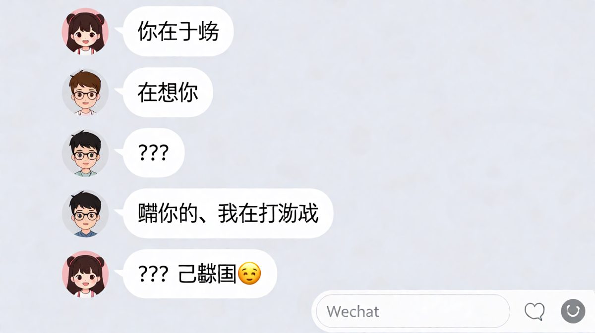 男生秒回'在想你'之后补一句'骗你的'，经典套路。