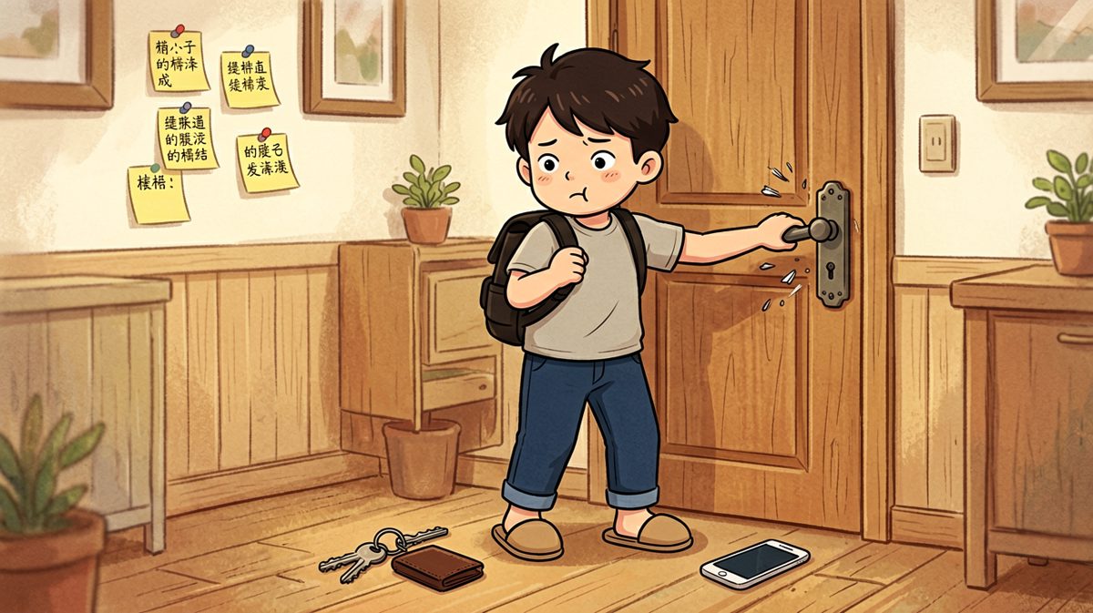 第三格：走到门口才发现门反锁了——钥匙还留在桌上没拿。