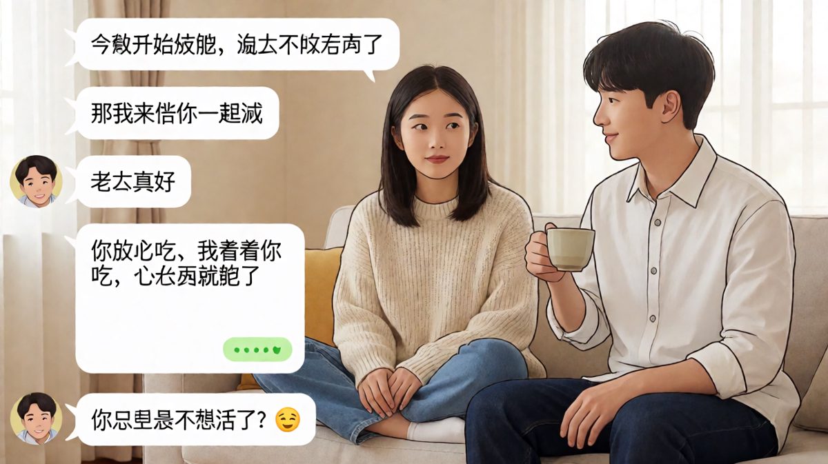 男生假装陪女友减肥，实则想看着女友饿肚子自己偷吃