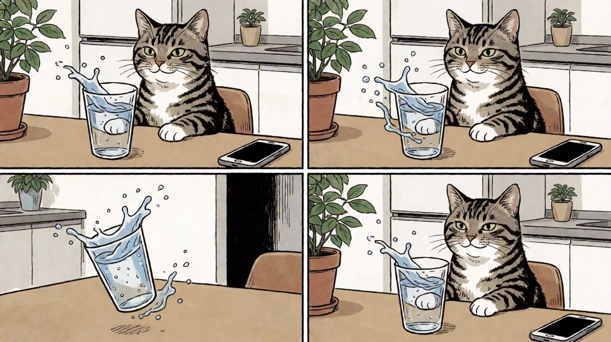 猫咪： Physics 实验，今天推杯子，明天推手机