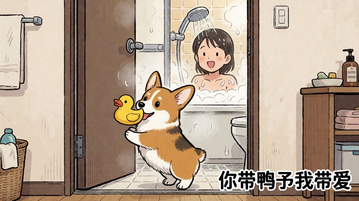 柯基：洗澡怎么能没有鸭鸭陪伴呢！
