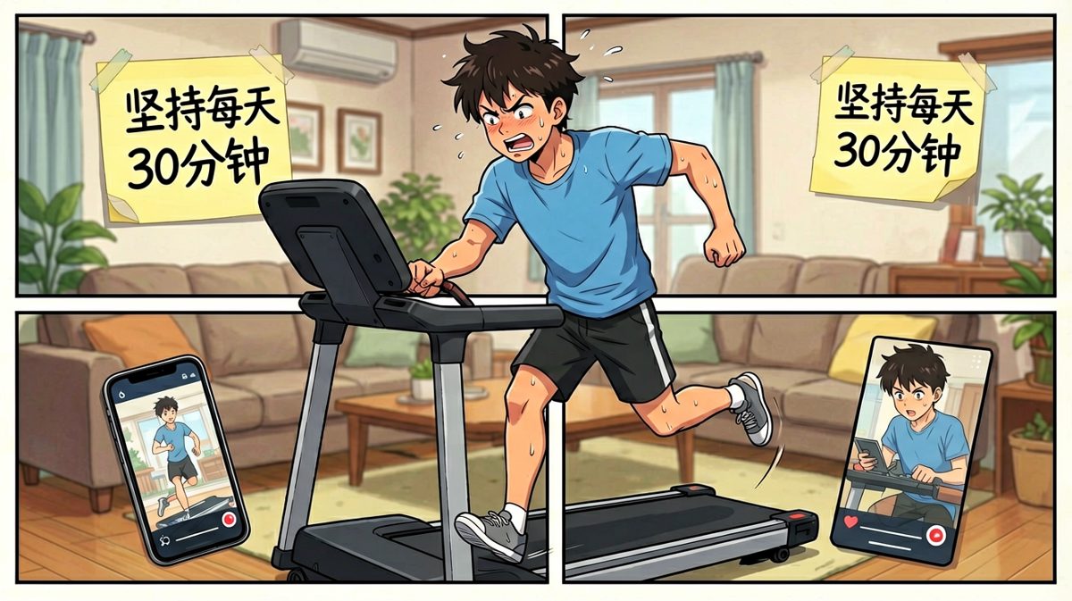 第一天，小明拼尽全力，汗如雨下。