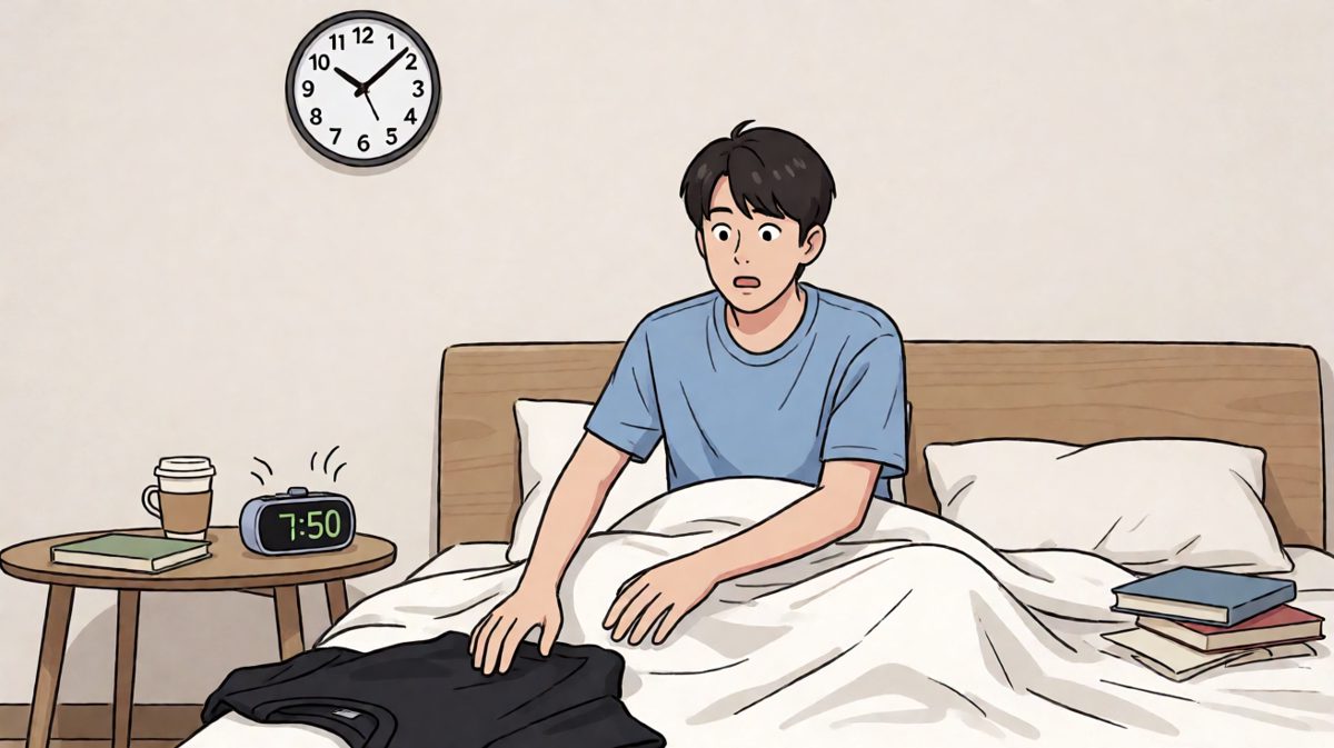 闹钟狂响，主角惊醒后慌乱中胡乱抓起衣服就套。