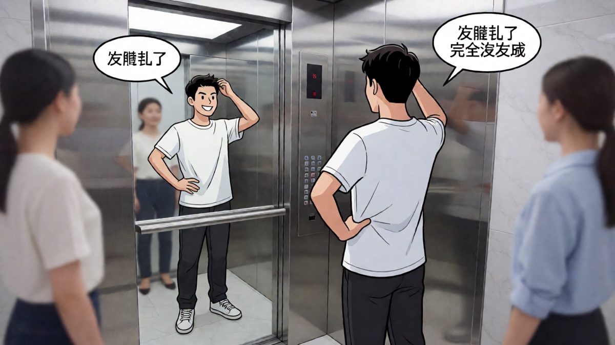 电梯里主角对着镜子自我陶醉，完全没察觉自己穿反了。