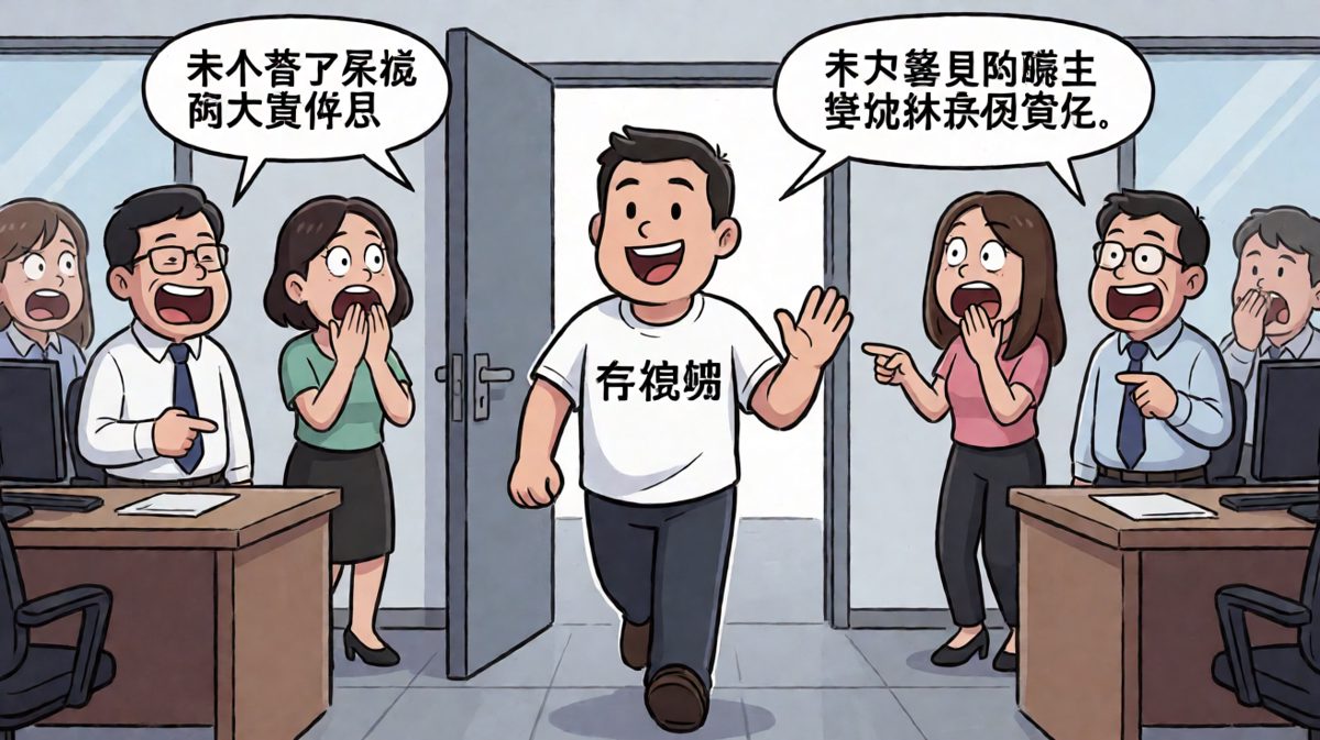 主角走进办公室，同事们纷纷侧目，尴尬气氛弥漫。