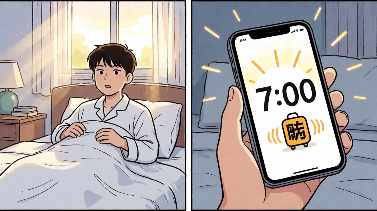 闹钟响了，主人公还在甜蜜梦乡中挣扎。