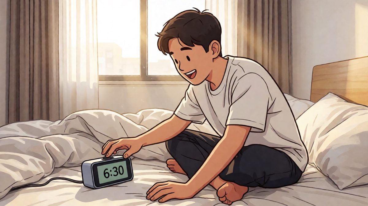 闹钟响起，痛苦挣扎按掉继续睡