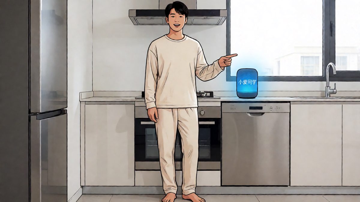 第1格：男主自信满满地指挥智能音箱做早餐
