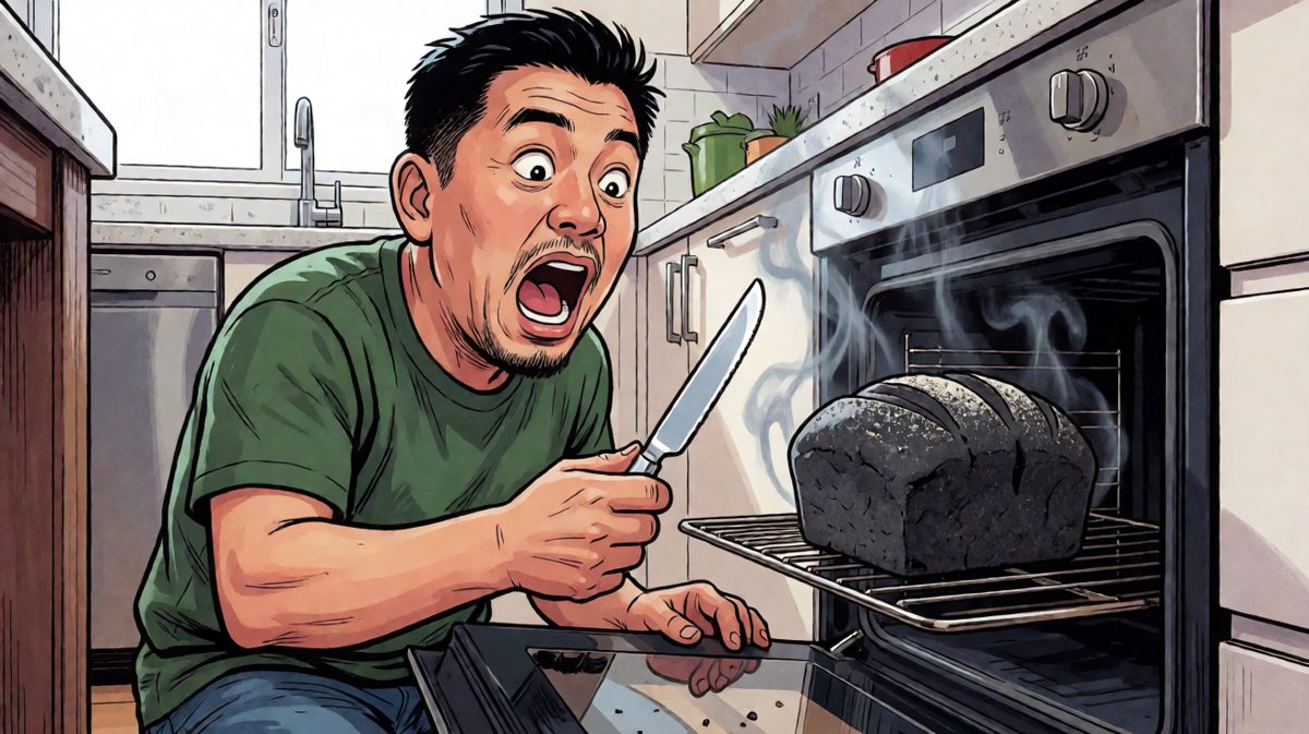 第3格：面包烤焦了，男主震惊脸