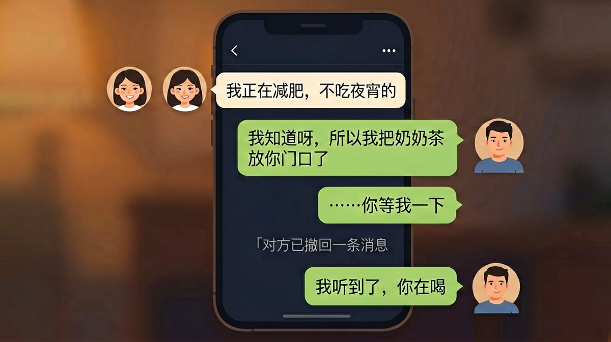 减肥宣言被一杯奶茶击碎，撤回消息也掩盖不了她在喝的事实。