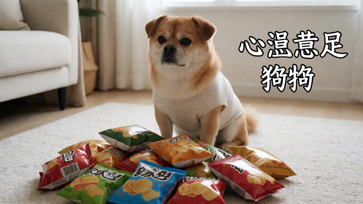 狗狗大快朵颐，零食袋子散了一地，幸福到模糊。