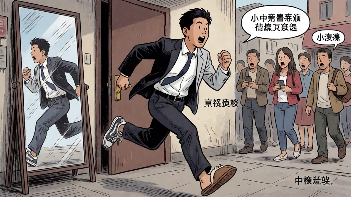 一路狂奔，却完全没发现自己穿得牛头不对马嘴。