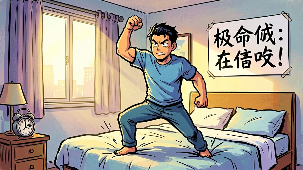 格一：闹钟响起，主角雄心万丈地跳起来，发誓今天一定要早起锻炼！
