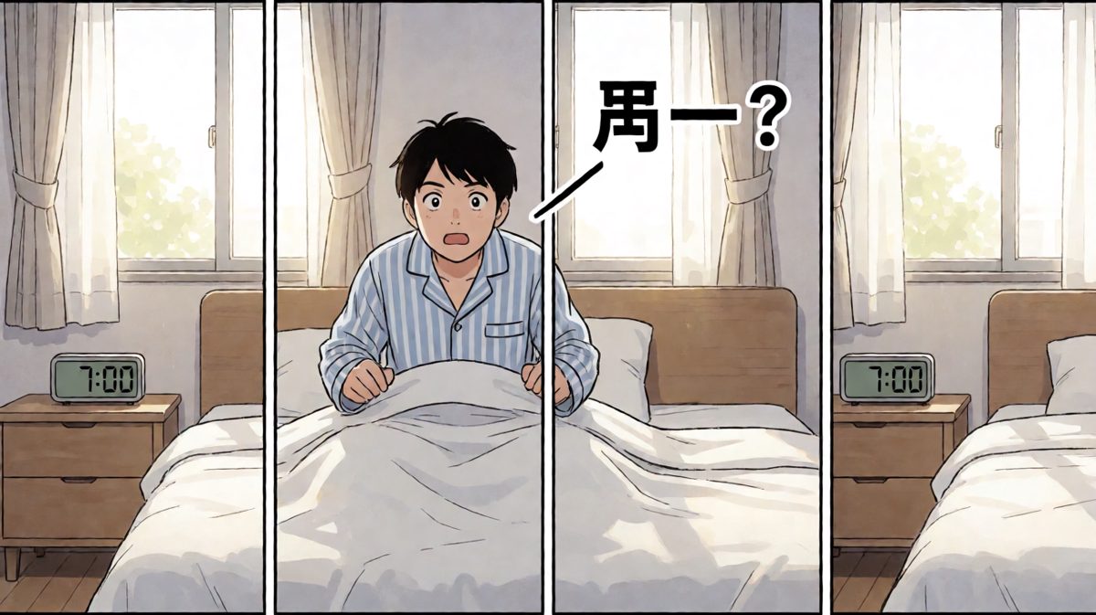 闹钟响起，主人公惊恐坐起。