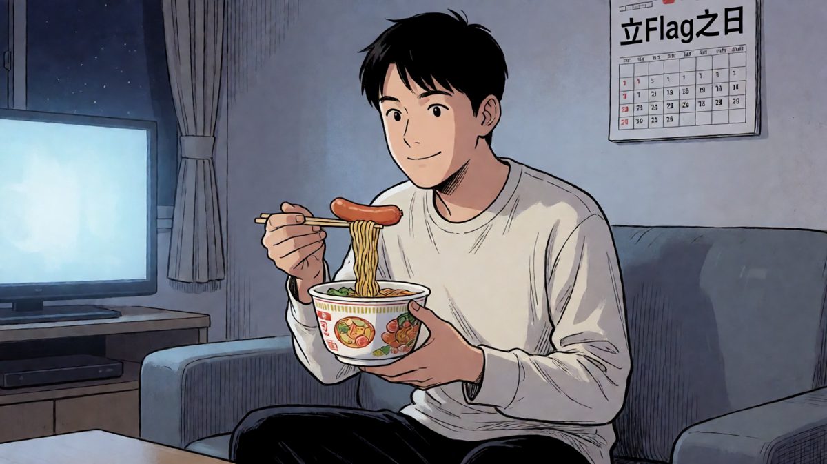 第四格：算了，泡面加火腿肠，也是一种生活。