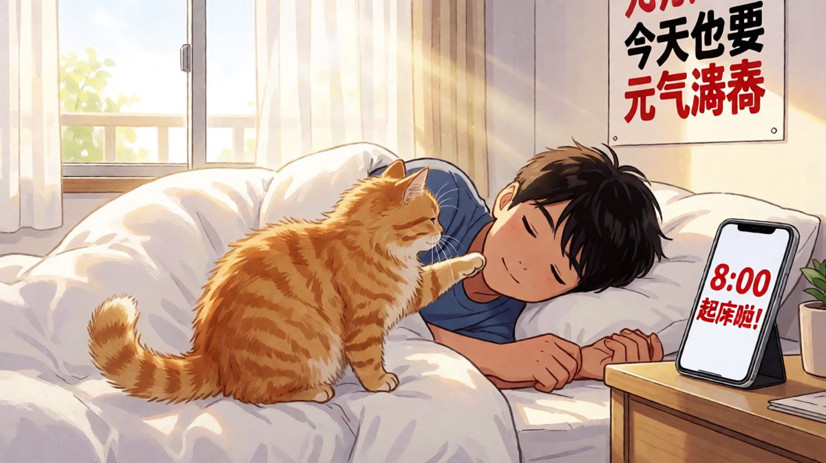 清晨闹钟响起，橘猫充当人工叫醒服务，主人公睡眼惺忪不想起床。
