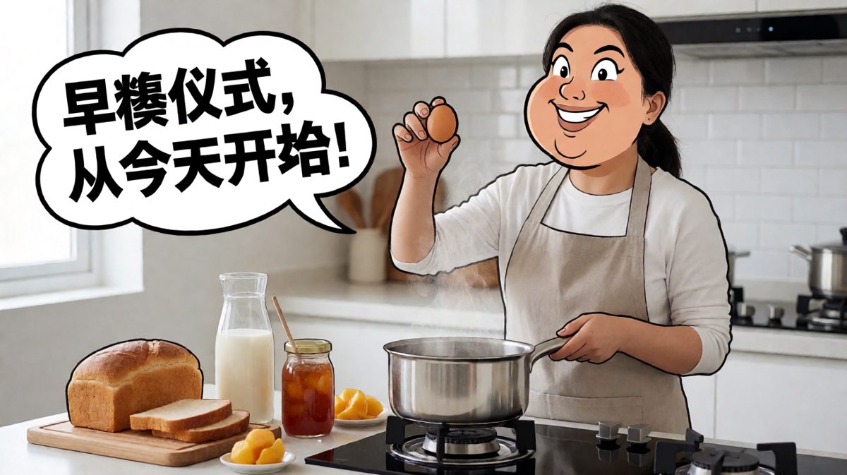 主人公信心爆棚地宣布'今日份早餐，由我掌控！'，鸡蛋已在手中蓄势待发。