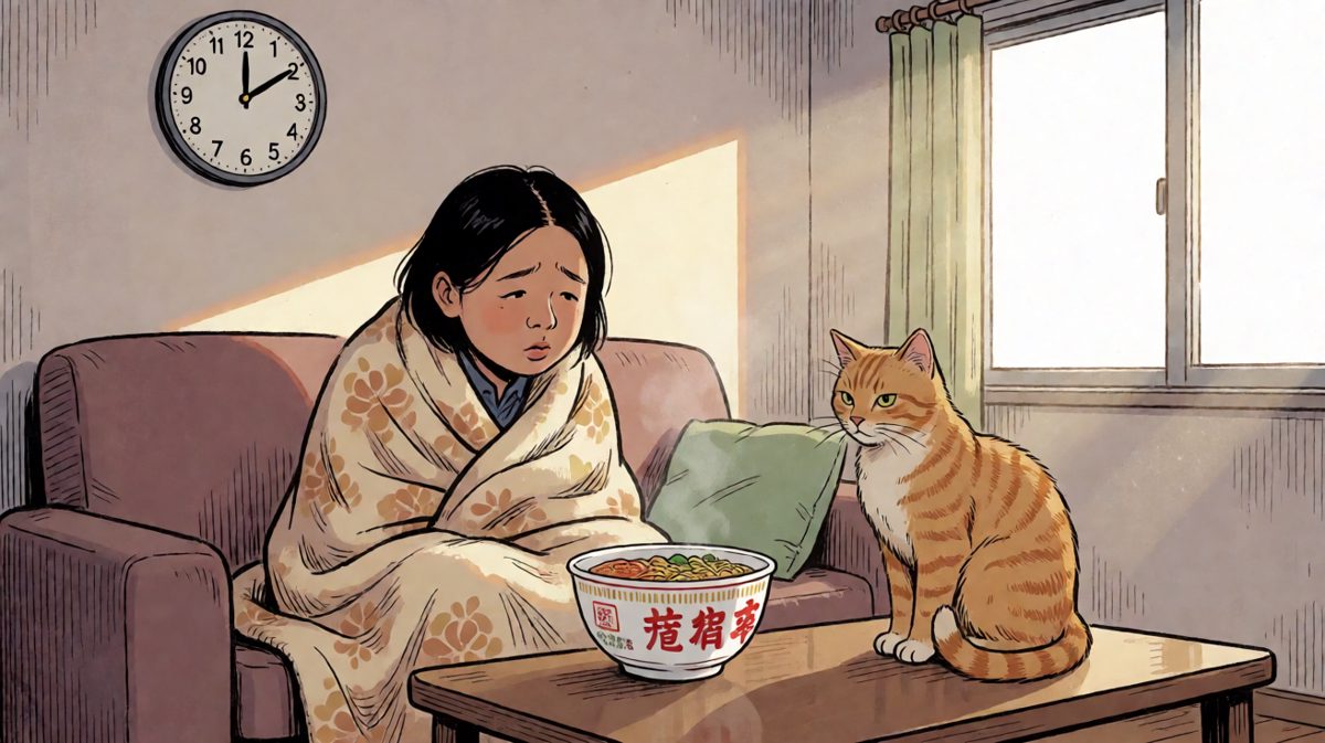 灾难过后，主人公只能以泡面度日，而橘猫依旧岁月静好，仿佛什么都没发生过。