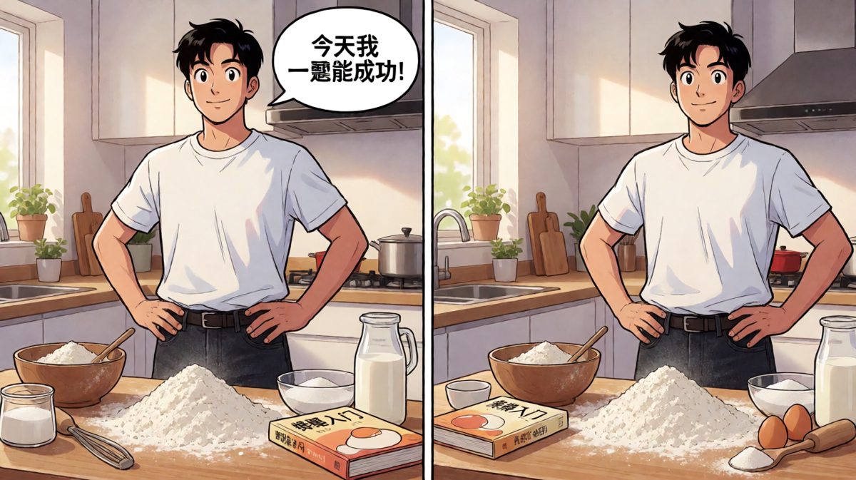 信心满满的烘焙新手站在食材前，发誓今天要做出完美蛋糕。
