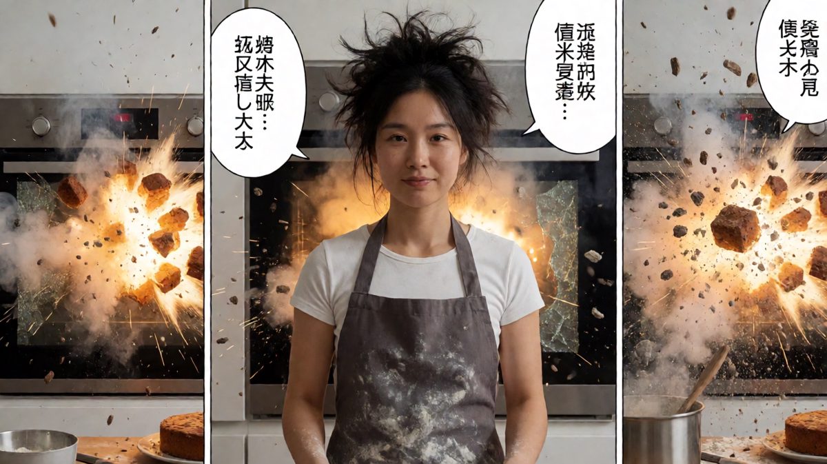 烤箱爆炸，蛋糕变黑炭，人也面目全非。