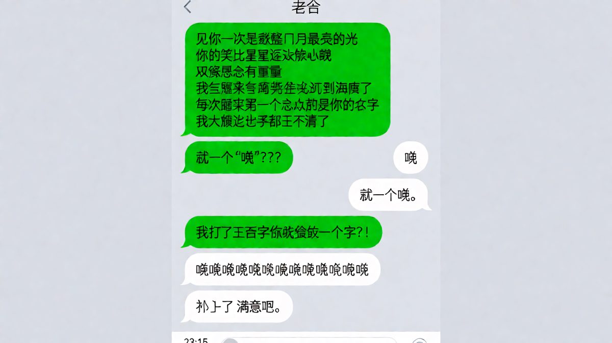 男生写了三百字小作文，女生先给了一个'哦'，被追问后一口气补了二十个'哦'——敷衍升级了。