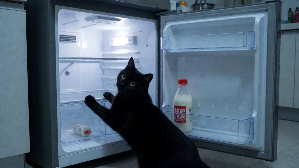 黑猫深夜开冰箱，发现家人们又清空了，此刻它的尊严碎了一地，比冰箱里的空间还空。