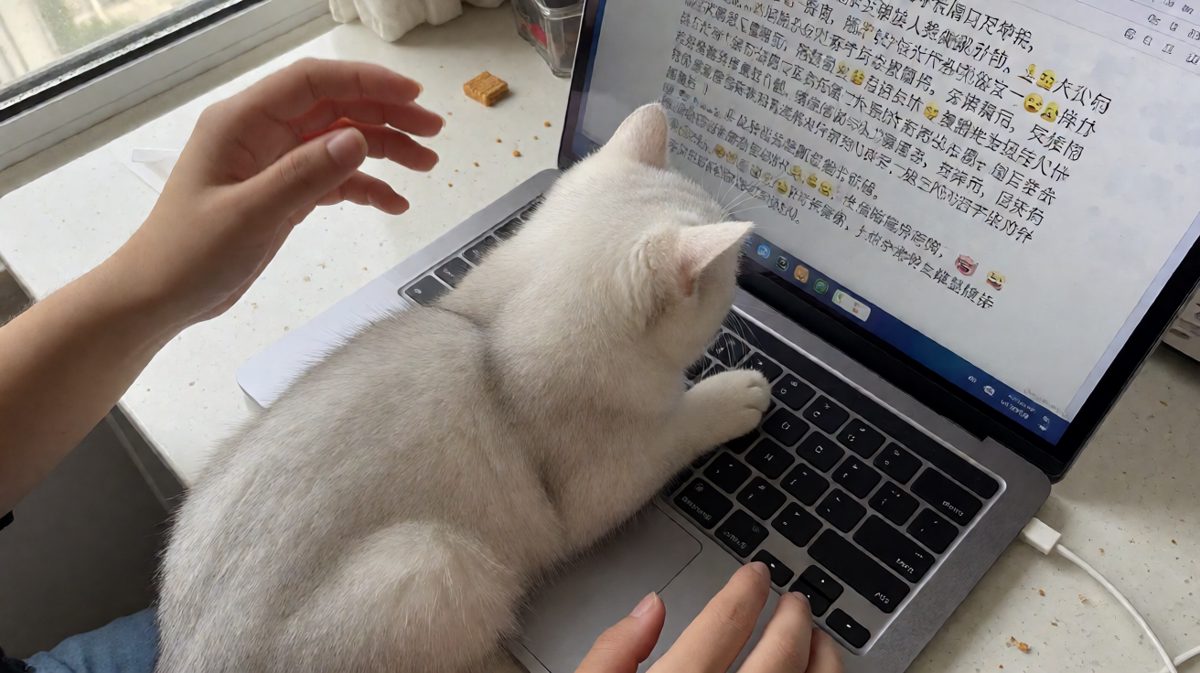 白猫用九十分钟输入了472个'喵'，文档标题已自动保存为'喵嗷呜嗷喵喵啊啊喵.docx'。