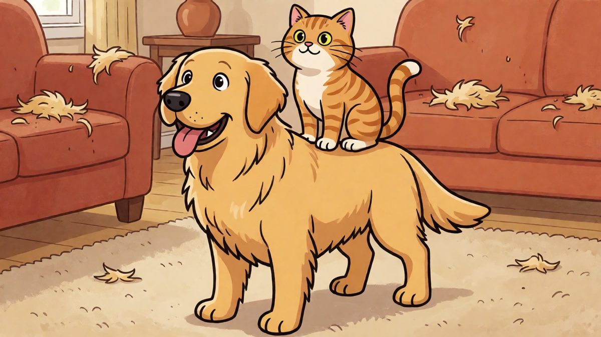 橘猫：「朕的御座，稳了。」金毛：「……别动。」
