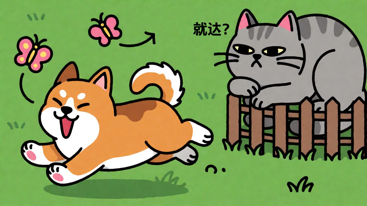 狗追蝴蝶追到灵魂出窍，猫在围栏上完成了一次精神鄙视。