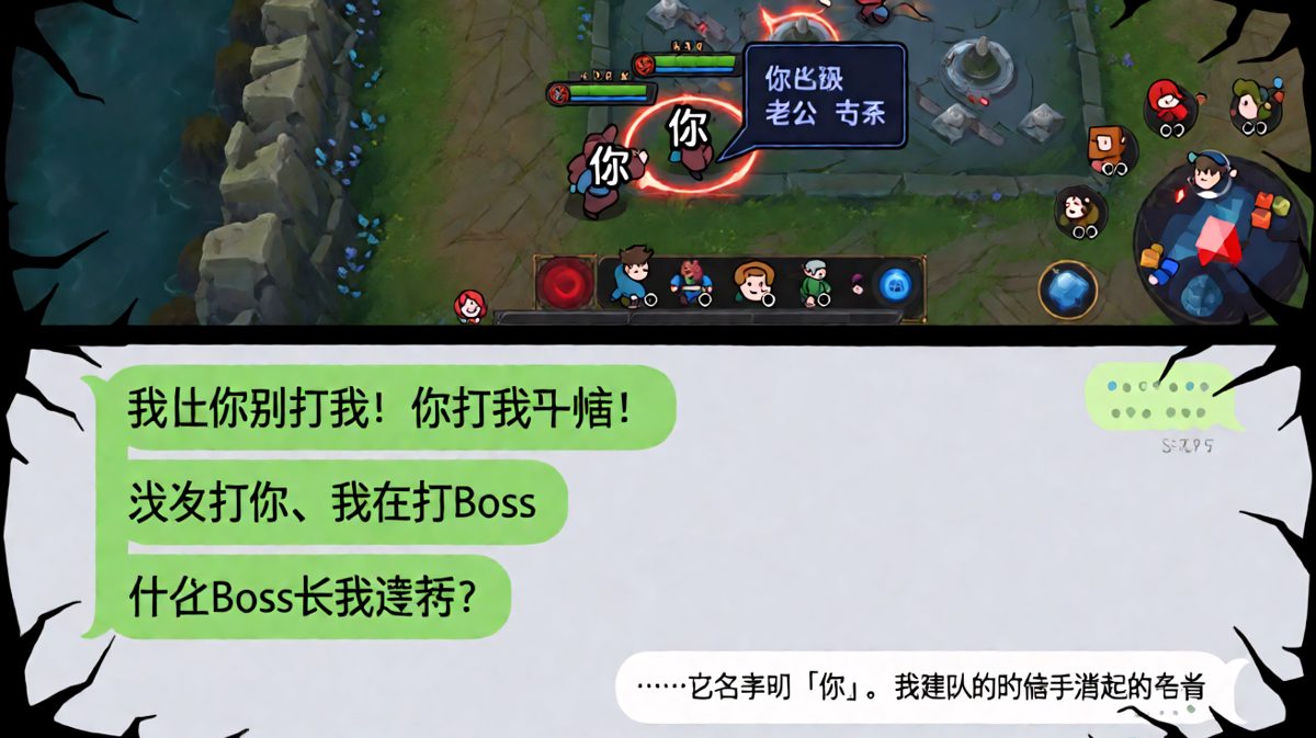 队友ID叫「你」，打了一晚上「你」，最后被女朋友问「什么Boss」才暴露。