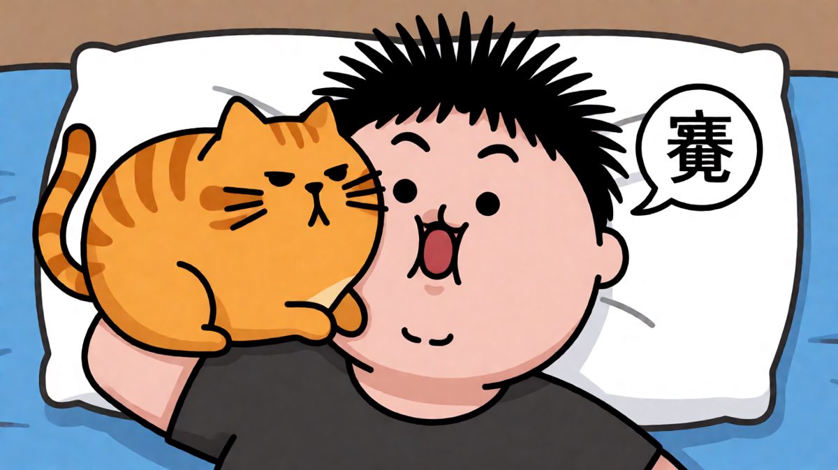 橘猫用一记'早安坐'把他从梦里直接踩醒。