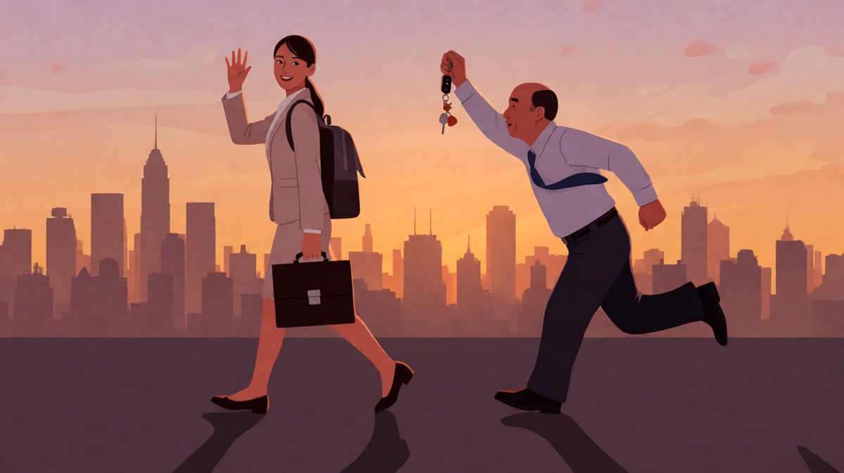 老板拍肩说「自愿加班啊，别让我逼你」，员工欢天喜地准时下班——反转：老板追上来不是因为加班，是忘带车钥匙让她帮忙按个开门。