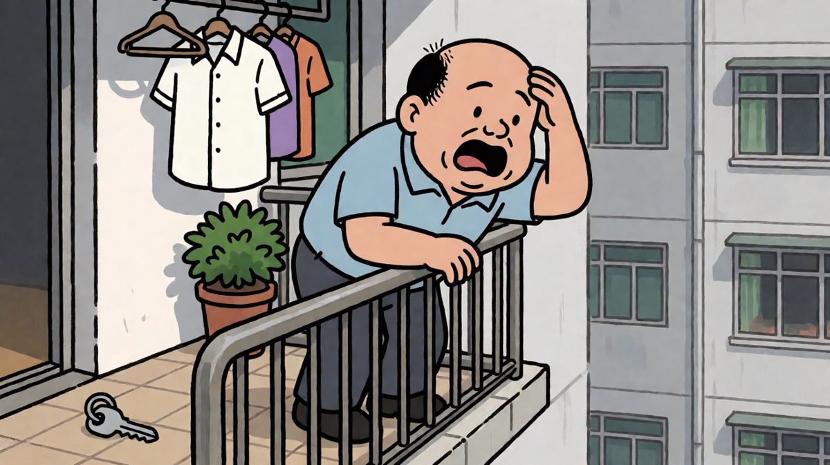男人锁了门才发现钥匙还在里面，趴在栏杆上冲楼下喊救命。