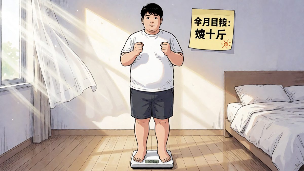 早上称重，82.5公斤，发誓要瘦十斤，眼神比打鸡血还亮。