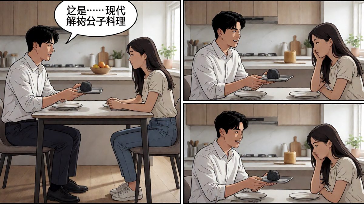 面对烤焦的神秘物体，他灵机一动称之为'分子料理'。