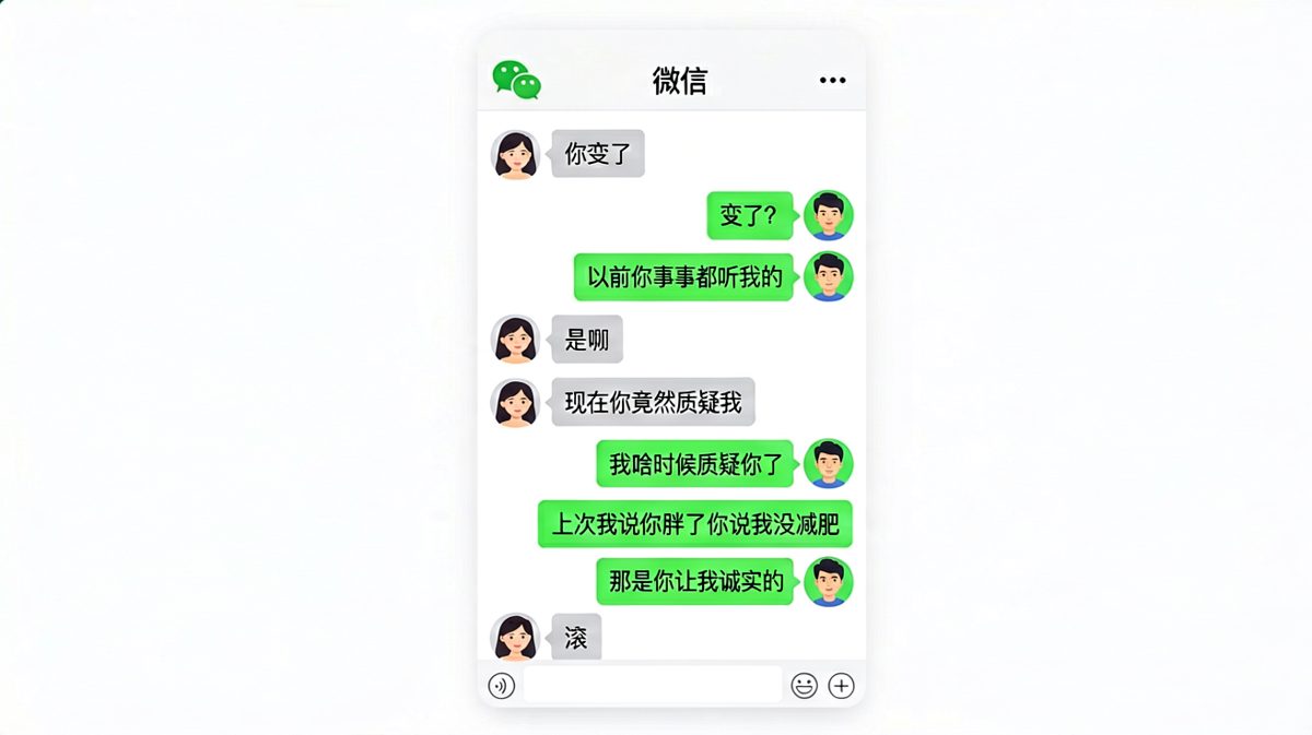 我说你胖了→我说你胖了→我让你诚实→你竟然质疑我