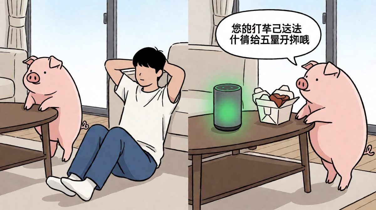 猪吃完了，音箱还贴心地提醒他打五星。
