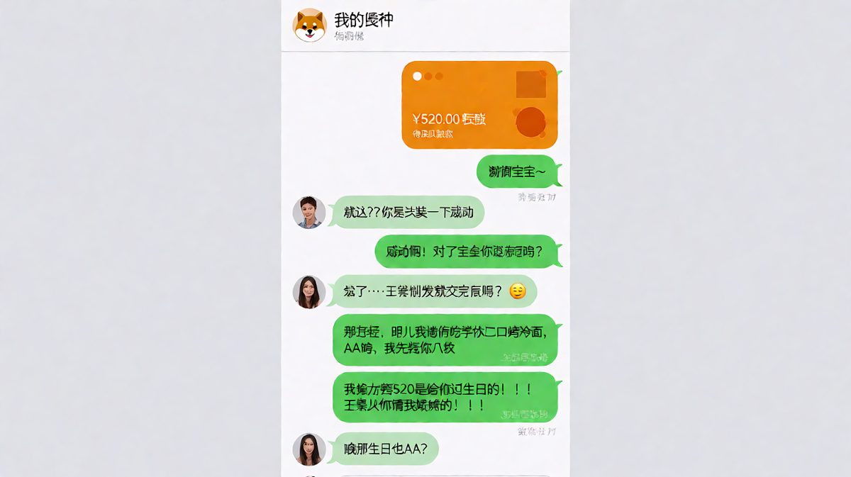 520转账被女生秒收还嫌少，转头让她请自己吃烤冷面AA，520变成了过生日的钱也AA