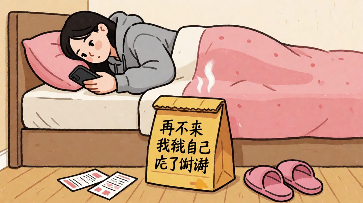 外卖到了八分钟，我还在选哪条动态该点赞。