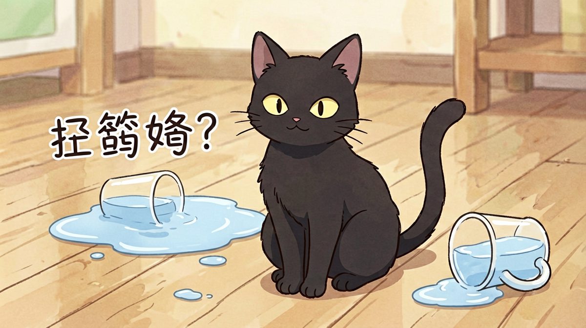 猫：不是我，是水杯自己跳下去的。