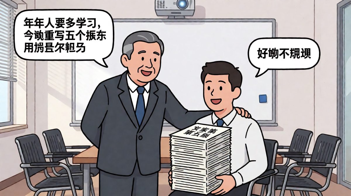 老板拍肩说要用脑学习，员工抱着五版方案微笑说好嘞。