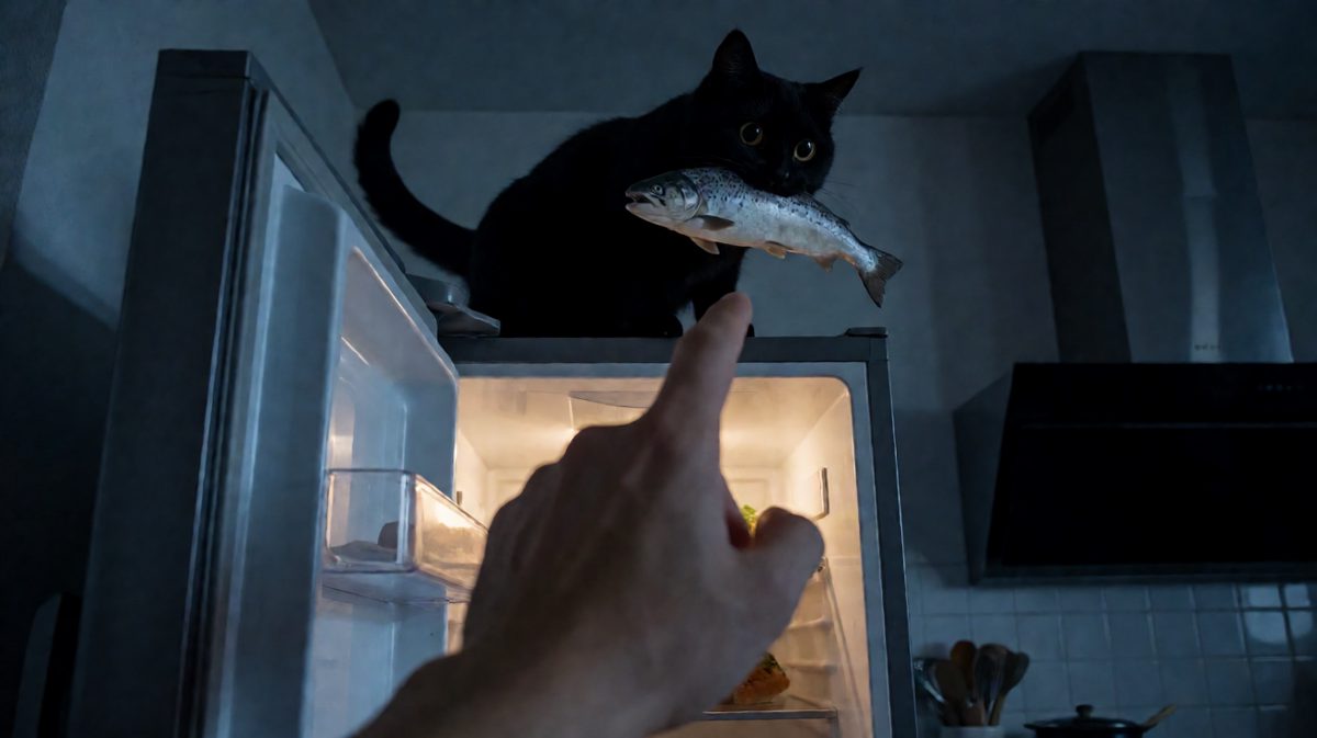 黑猫深夜自助餐结束，被抓包后一脸'我没吃过'